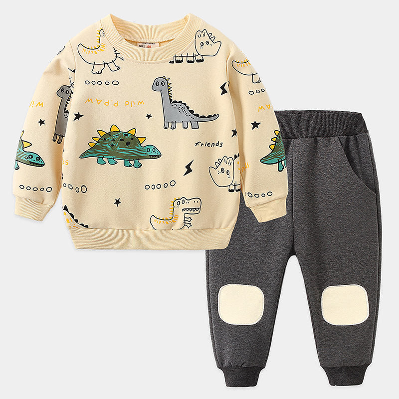 Boys' Fashionable Long-Sleeve Cotton Sports Suit with Cute Cartoon Design