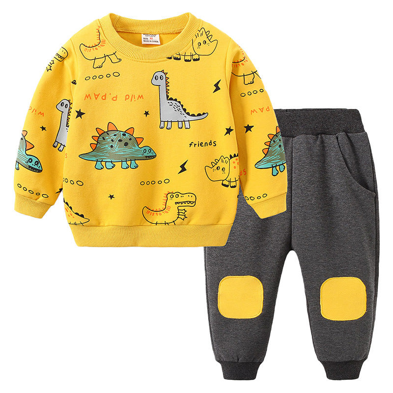 Boys' Fashionable Long-Sleeve Cotton Sports Suit with Cute Cartoon Design