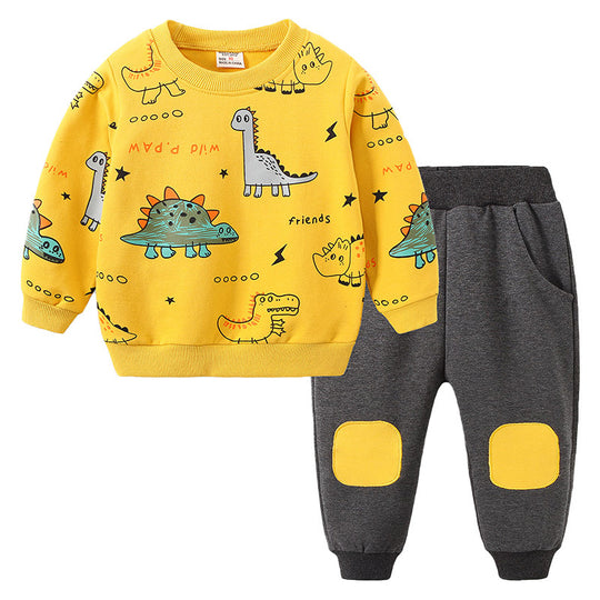 Boys' Fashionable Long-Sleeve Cotton Sports Suit with Cute Cartoon Design