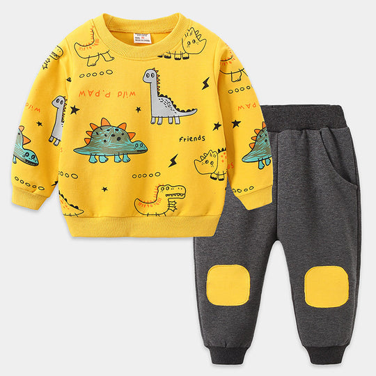 Boys' Fashionable Long-Sleeve Cotton Sports Suit with Cute Cartoon Design