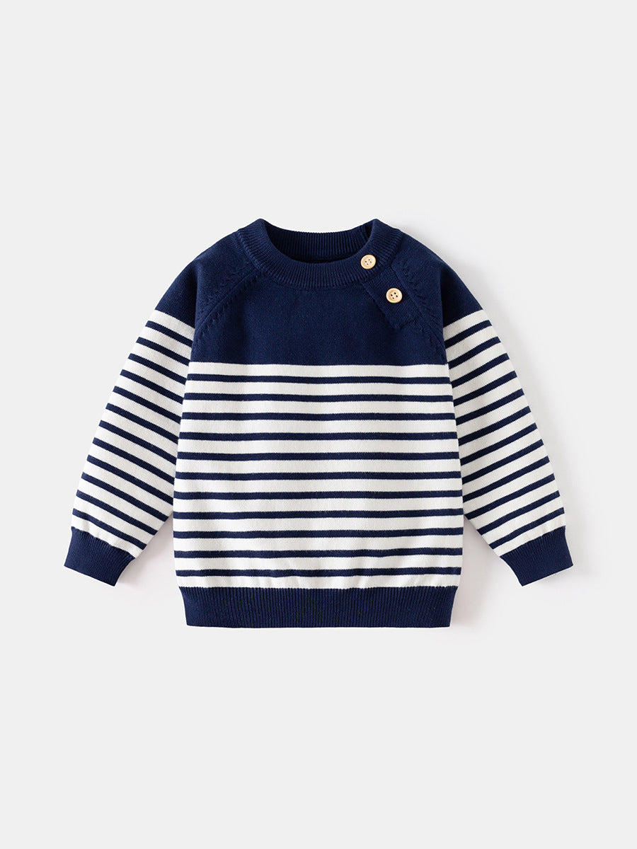 Boys' Korean Style Striped Knitted Sweater - Soft Cotton Blend Pullover Top