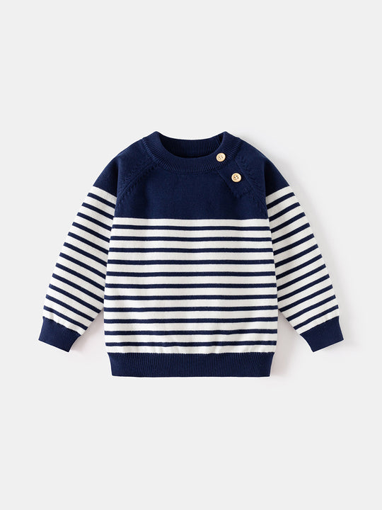 Boys' Korean Style Striped Knitted Sweater - Soft Cotton Blend Pullover Top