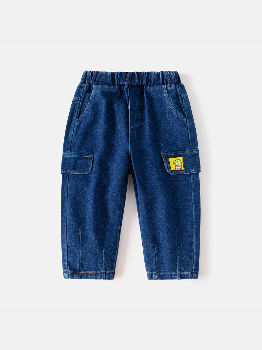 Boys' Stylish Indigo Denim Cartoon Patchwork Jeans - Korean Fashion Trousers