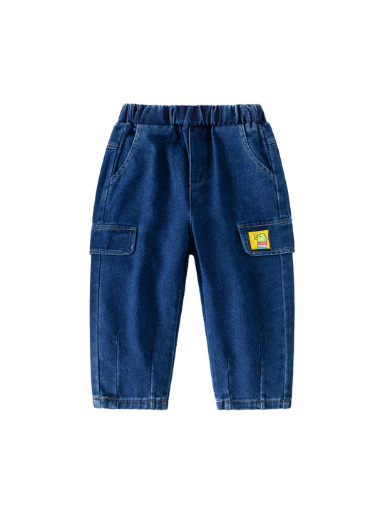 Boys' Stylish Indigo Denim Cartoon Patchwork Jeans - Korean Fashion Trousers