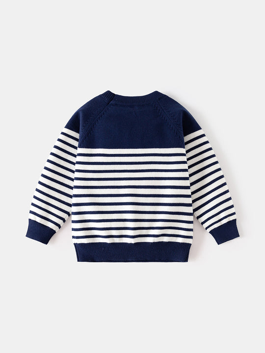 Boys' Korean Style Striped Knitted Sweater - Soft Cotton Blend Pullover Top