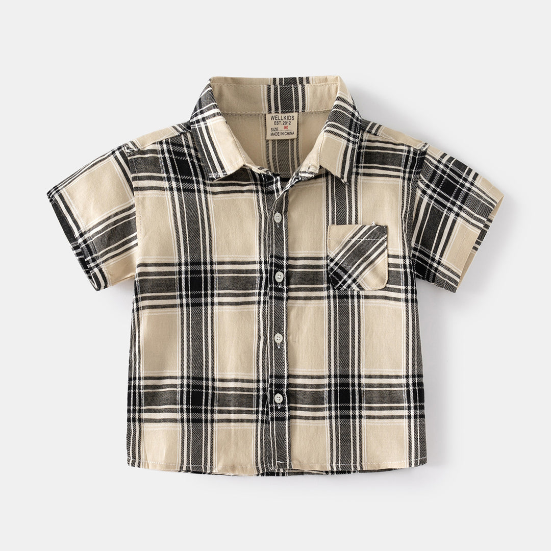 Boys' Plaid Short-Sleeve Breathable Summer Shirt - Casual Button-Up Top