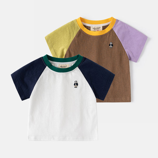 Boys' Vibrant Color-Block Short Sleeve T-Shirt – Soft Cotton Summer Comfort