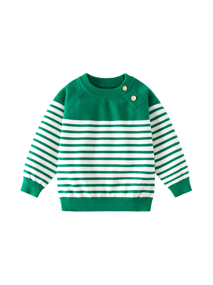 Boys' Korean Style Striped Knitted Sweater - Soft Cotton Blend Pullover Top