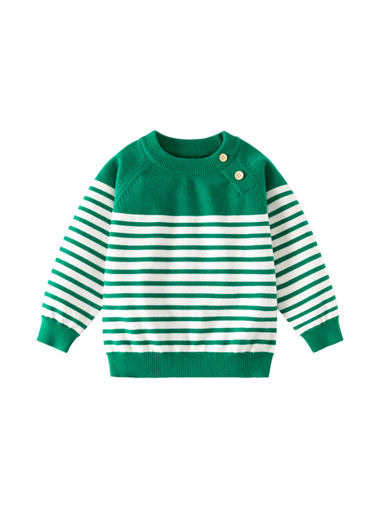 Boys' Korean Style Striped Knitted Sweater - Soft Cotton Blend Pullover Top