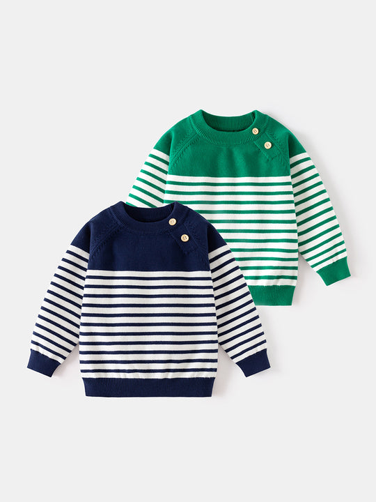 Boys' Korean Style Striped Knitted Sweater - Soft Cotton Blend Pullover Top